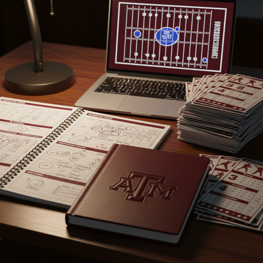 A meticulously detailed cluster of Texas A&M recruiting materials arranged on a dark wooden desk, photographed in a clean, documentary style. A maroon spiral notebook with an embossed aTm logo lies open, filled with neatly drawn depth charts and circled positions. Beside it, a stack of glossy recruiting profiles shows player silhouettes, height and weight charts, and star ratings, all in maroon and gray tones. A silver laptop displays a stylized football field graphic with highlighted zones. Warm desk-lamp light casts soft, directional illumination, creating gentle shadows and a focused, analytical mood. Shot from a slightly elevated angle with medium depth of field, the composition feels organized and strategic, emphasizing evaluation, rumors, and insider planning without any human presence.