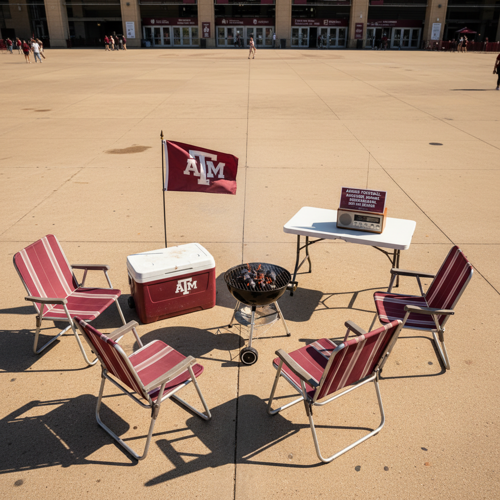 An overhead, photographic image of a maroon and white Texas A&M tailgate spread set up on a textured concrete surface outside a large stadium entrance. A rugged maroon cooler with an aTm sticker, a portable charcoal grill with glowing coals, neatly arranged maroon-and-silver folding chairs, and a small flag featuring the Texas A&M logo form a tight, circular composition. Nearby, a laminated schedule of Aggie football, basketball, and baseball seasons lies on a folding table beside a vintage radio tuned to sports talk. The scene is lit by bright midday Texas sun, casting crisp, short shadows and making maroon colors pop against the neutral gray concrete. The mood is energetic and communal, suggesting pregame buzz and fan discussion in a realistic, high-contrast style.