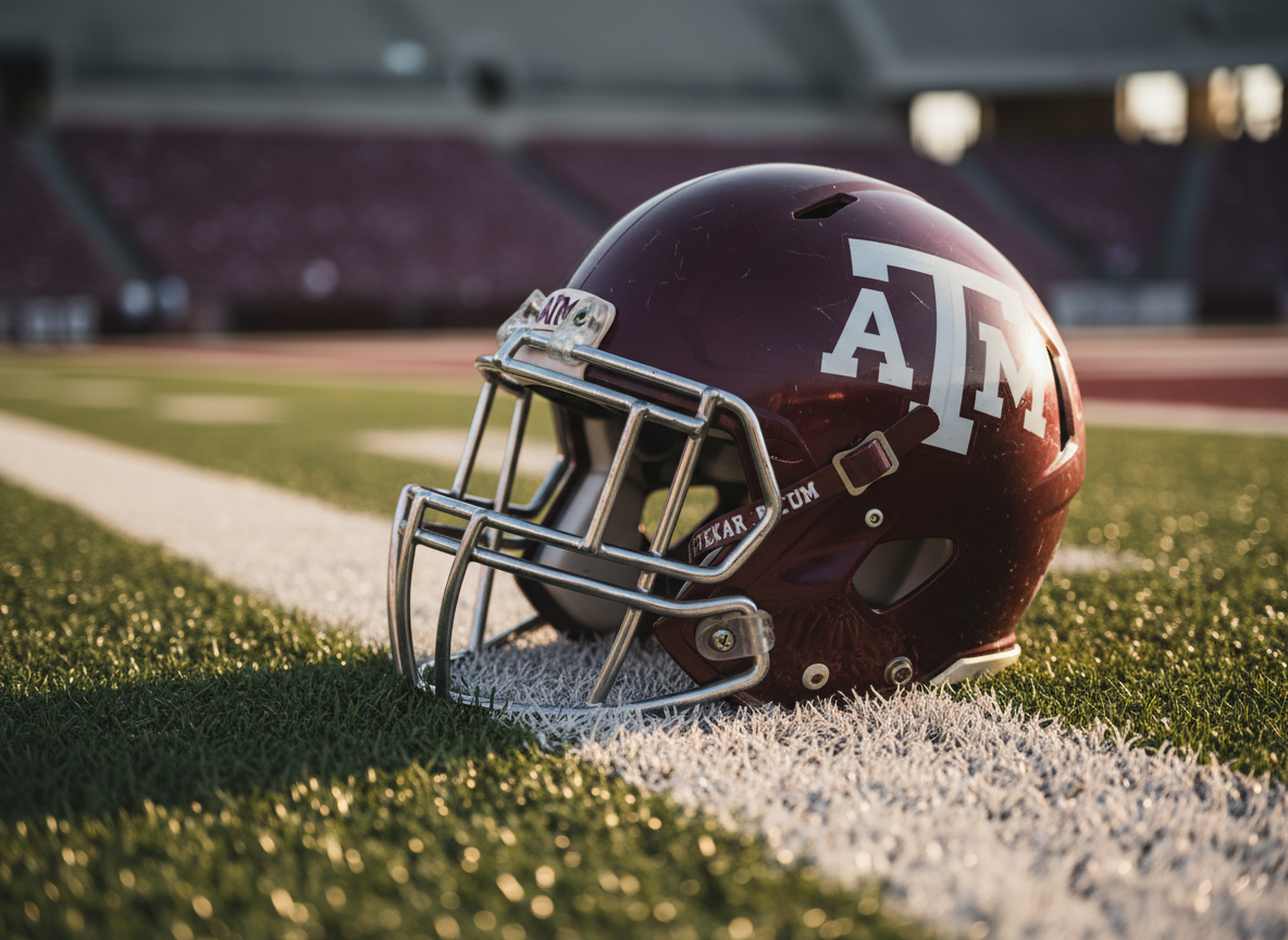 A close-up, photographic image of a worn Texas A&M maroon football helmet resting on a scuffed, painted white sideline of Kyle Field’s turf. The helmet’s chrome face mask, detailed ventilation holes, and subtle scratches catch the eye, with a crisp white aTm logo clearly visible. Late afternoon stadium light casts a warm, golden glow, creating soft, elongated shadows in the blades of artificial grass. In the out-of-focus background, empty stadium seats fade into a maroon-and-gray bokeh. Shot from a low, sideline-level angle with shallow depth of field, the composition feels intense and game-ready, emphasizing grit, tradition, and anticipation in a clean, photographic realism style.
