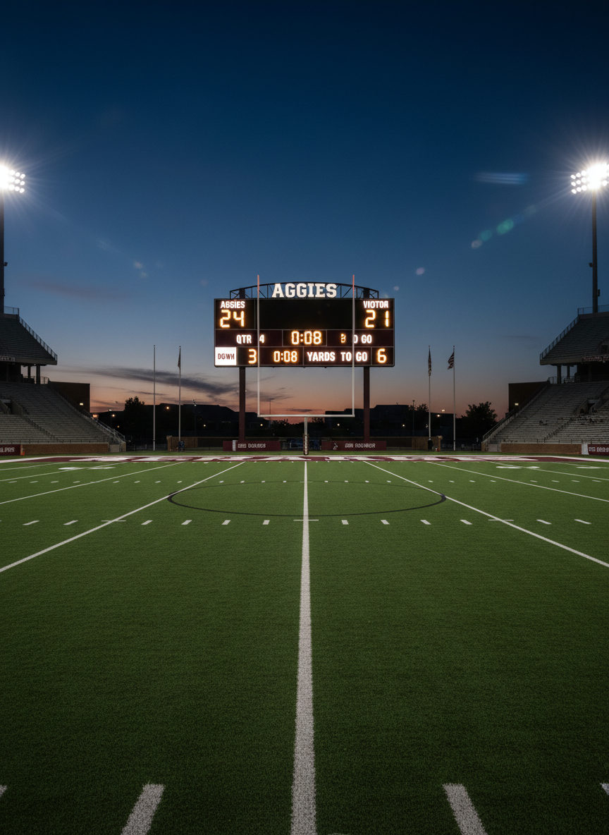 A wide, photographic shot of a classic Texas A&M maroon and white scoreboard at twilight, glowing against a deepening blue College Station sky. The digital numbers display a tight game score, with “AGGIES” prominently lit in bold lettering above. Below, the field goal posts and crisp yard lines stretch into the distance, illuminated by powerful stadium lights that create sharp, dramatic contrasts and lens flare. The stands are empty but implied through blurred maroon patterns in the background. Captured from the 50-yard line at eye level, the composition uses leading lines of the field stripes to draw the viewer toward the scoreboard. The mood is tense yet focused, evoking pregame analysis and big headlines in a modern, realistic sports-photography style.